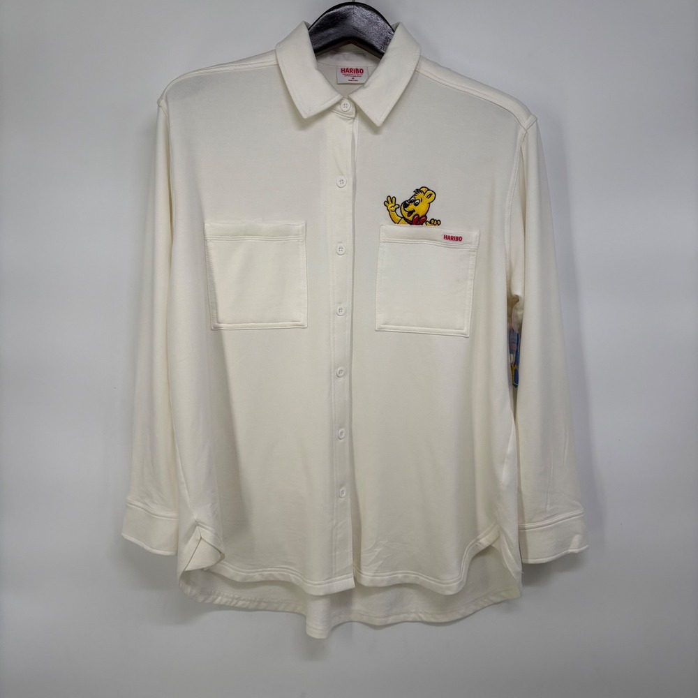 Haribo Goldbear Embroidered Button Down Shirt Cream White Long Sleeve Mens M